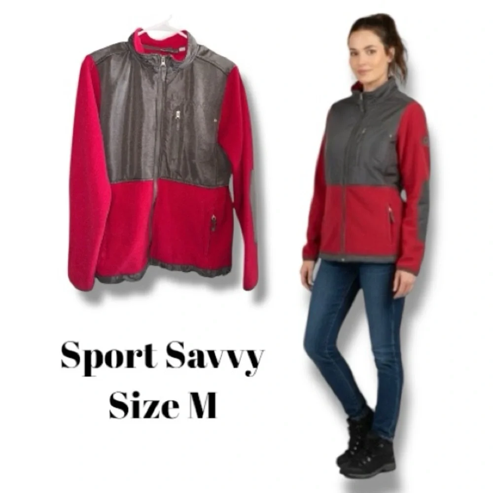 Sport Savvy Cozy Retro Red & Gray Fleece Jacket Women’s M Outdoor Gorpcore 🏔️